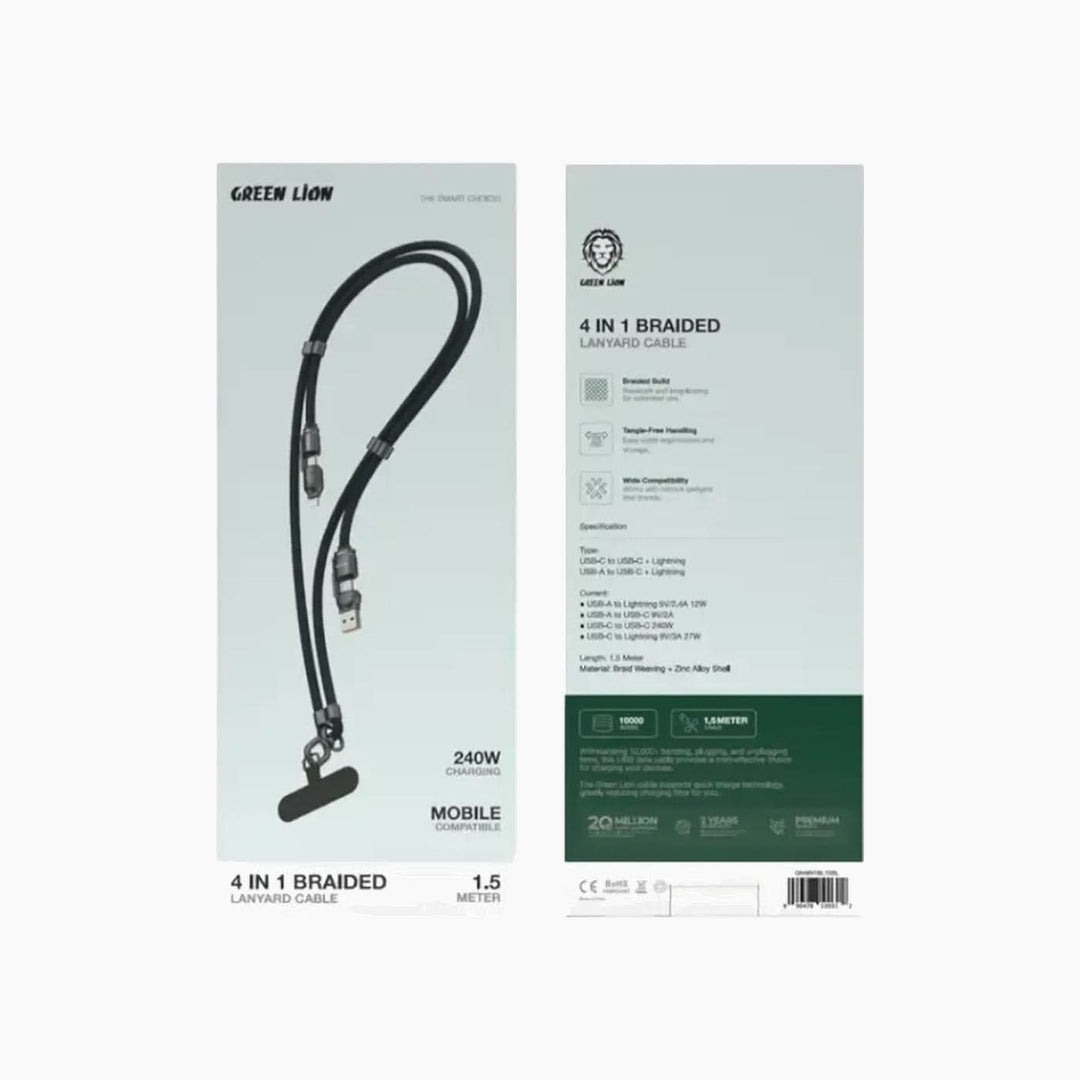 Green Lion 4-in-1 braided lanyard cable with USB-A to Lightning, USB-C to Lightning, USB-A to USB-C, and USB-C to USB-C connectors