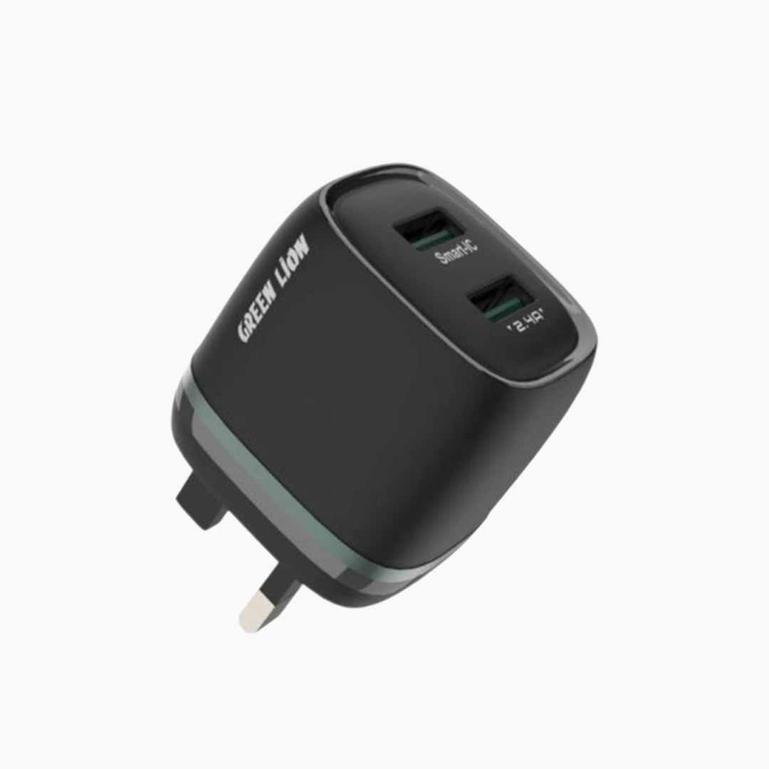 Black 12W dual USB-A wall charger with EU plug