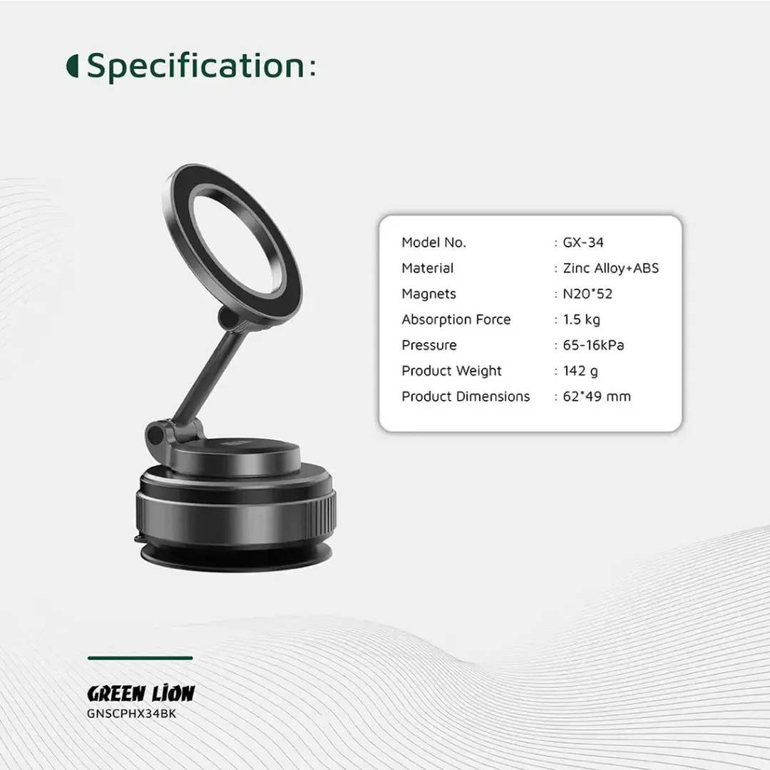 Green Lion GX-34 suction phone holder with MagSafe-compatible grip