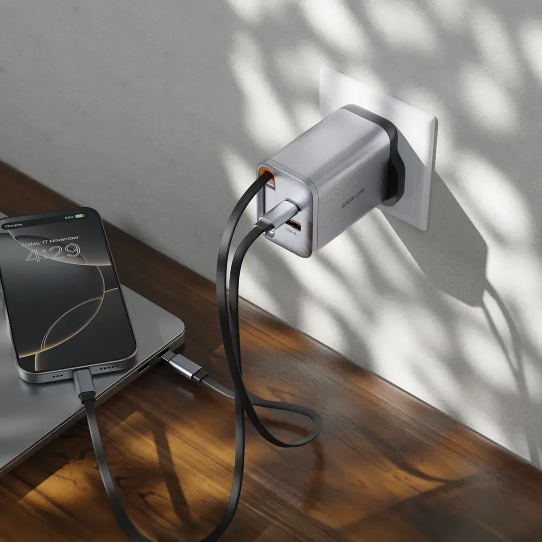 Green Lion 100W GaN wall charger with retractable Type-C cable