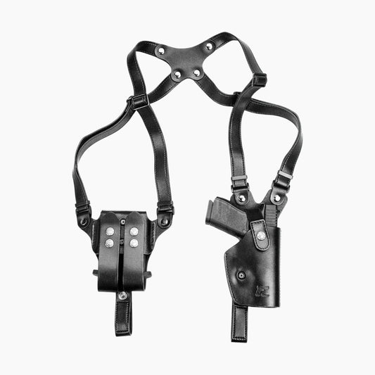 Gun&Flower Shoulder Carry Pistol Leather Holster with Double Mag Pouch