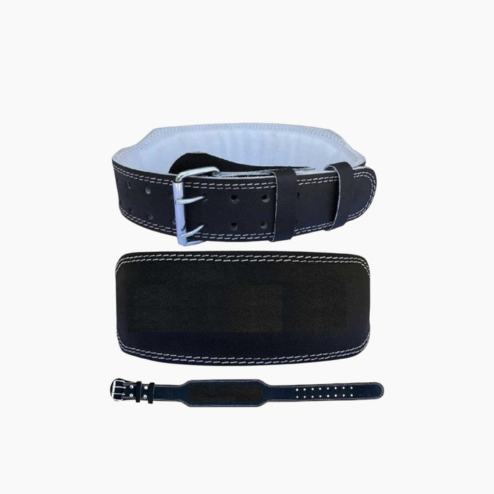 Black leather gym belt with stainless steel hardware