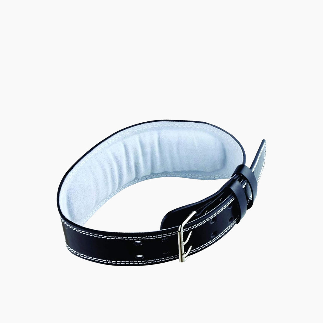 Black leather gym belt with stainless steel hardware