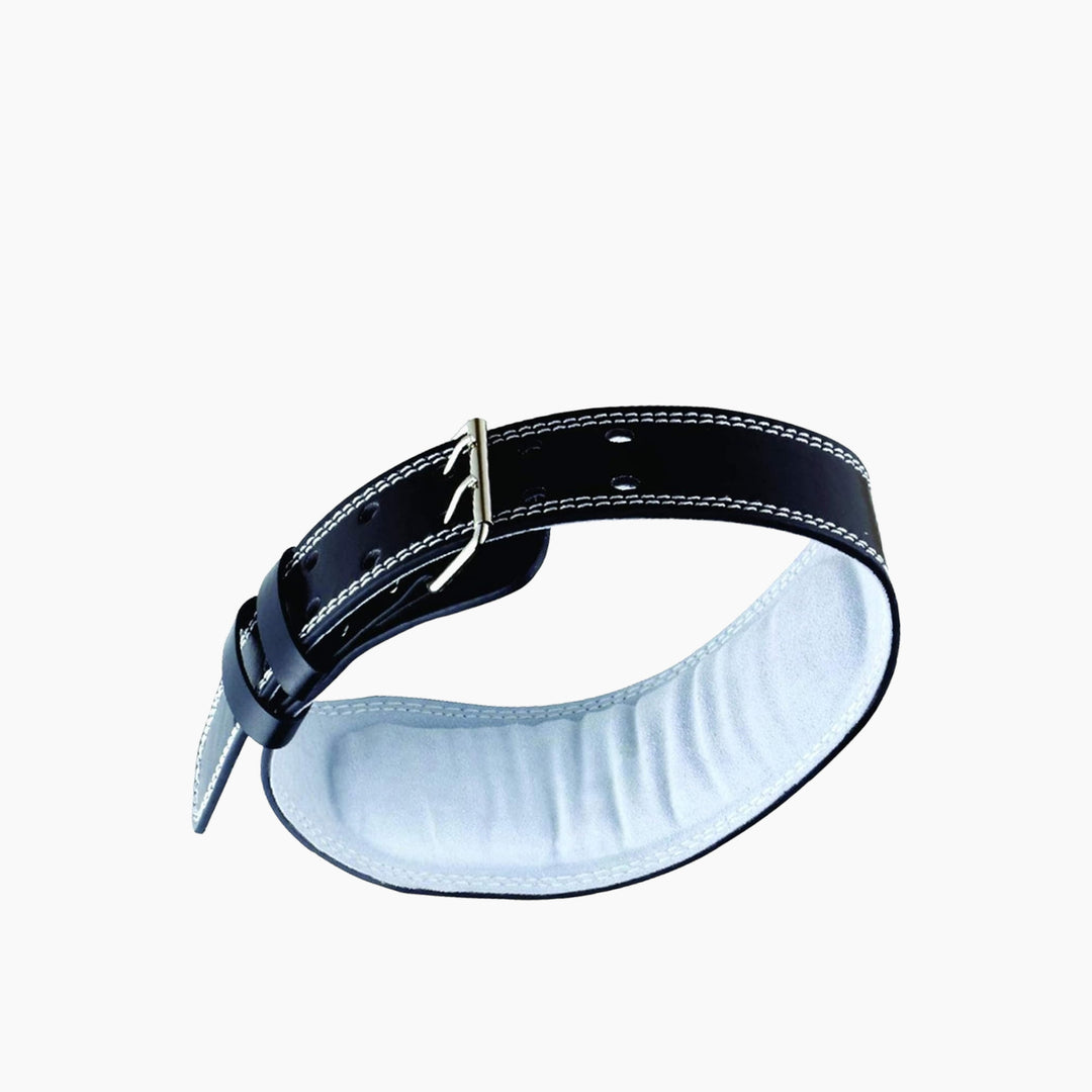 Black leather gym belt with stainless steel hardware