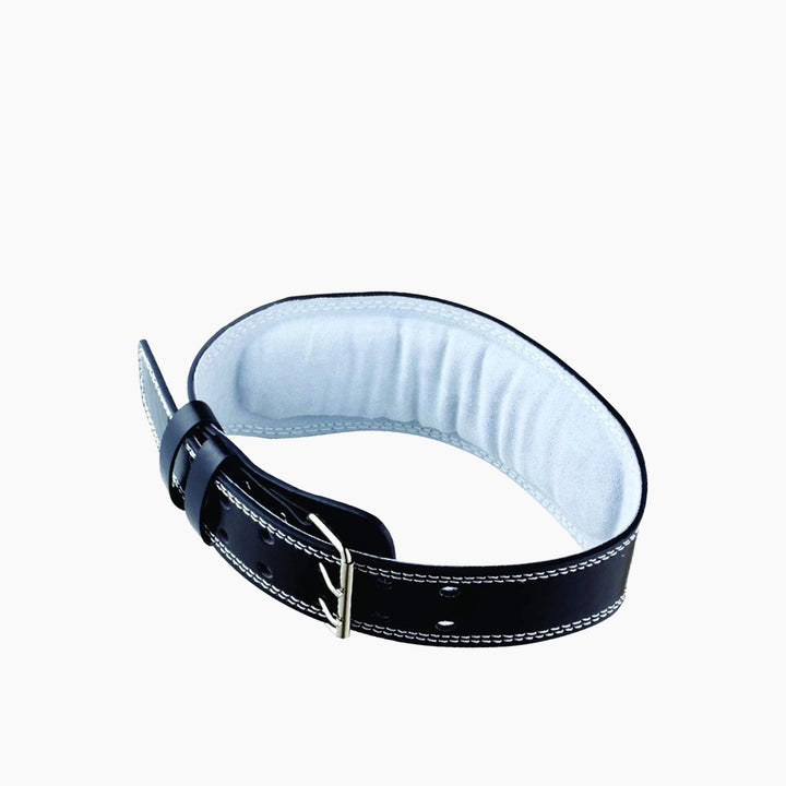 Black leather gym belt with stainless steel hardware