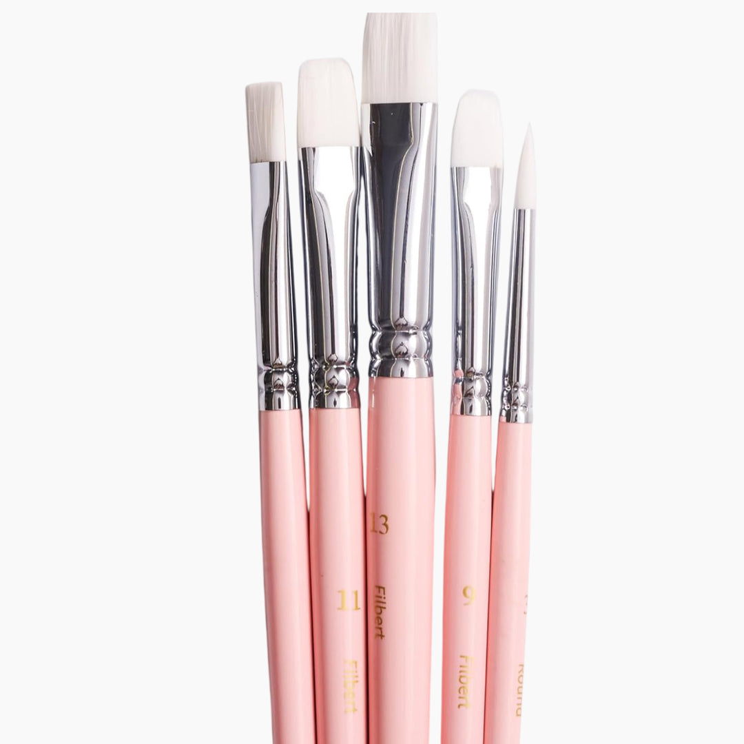 Himi 5-Pc Brush Set - 3 Filbert 1 Flat + 1 Round Brush (Pink Edition)