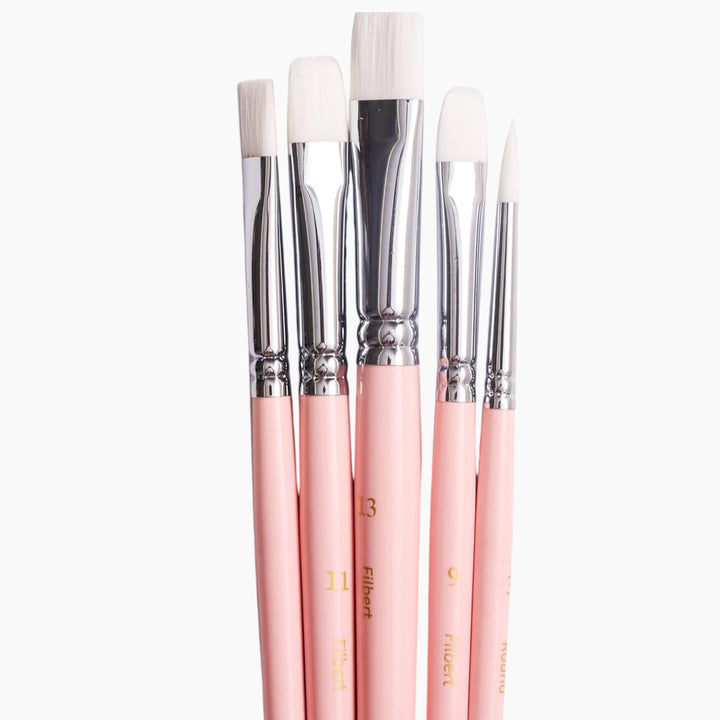 Himi 5-Pc Brush Set - 3 Filbert 1 Flat + 1 Round Brush (Pink Edition)