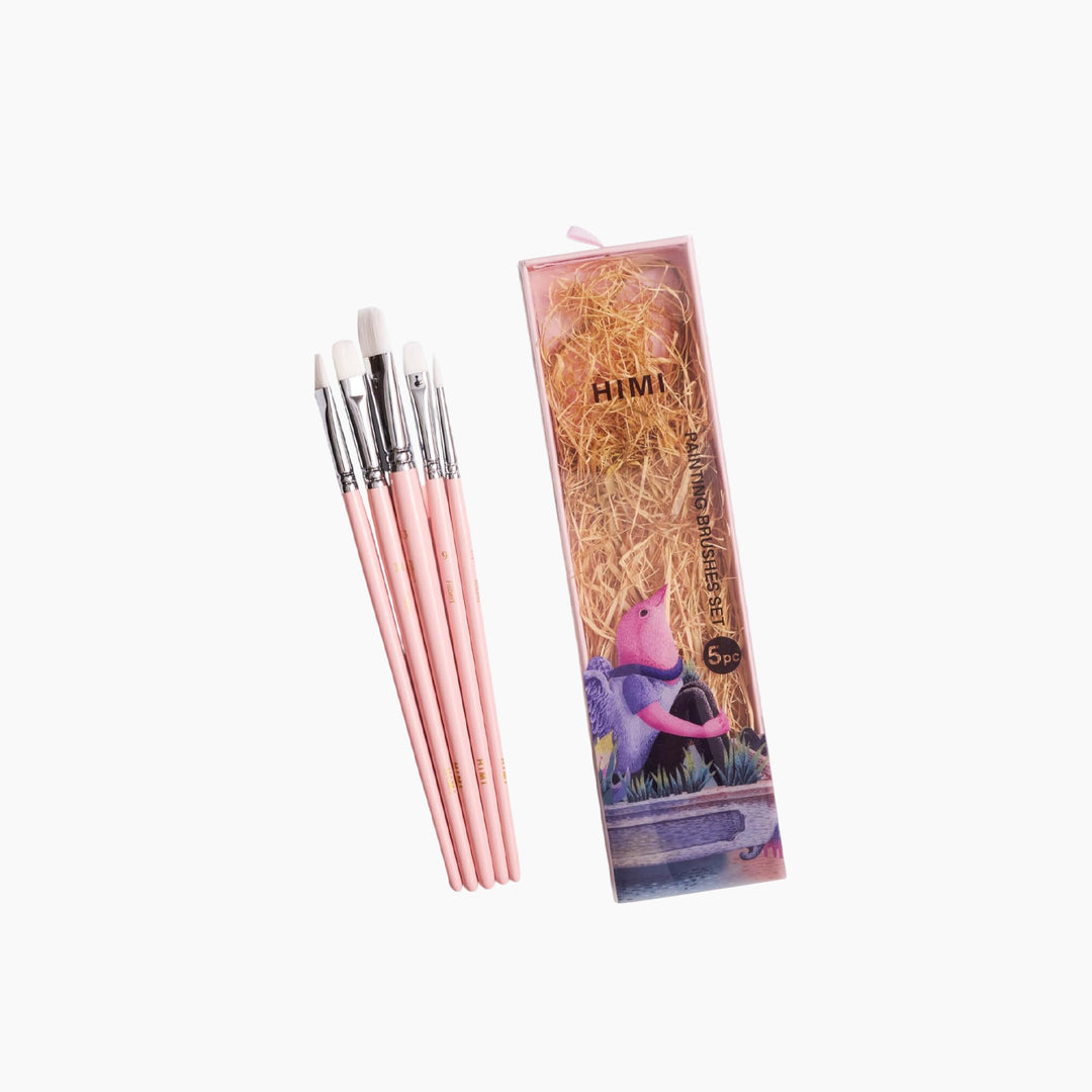 Himi 5-Pc Brush Set - 3 Filbert 1 Flat + 1 Round Brush (Pink Edition)