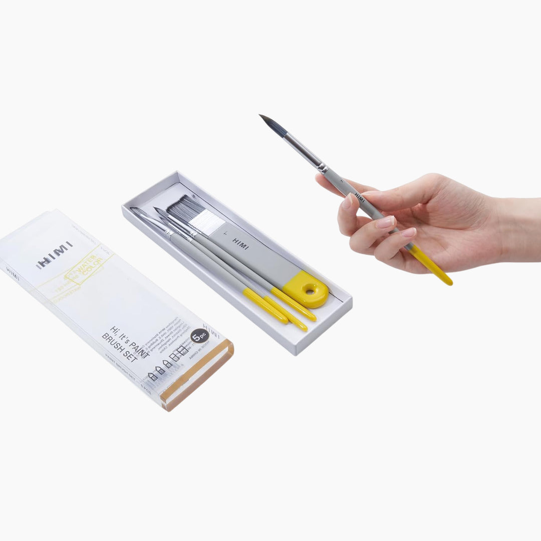 Himi 5-Pc Watercolor Brush Set - 3 Round + 1 Flat + 1 Broad Flat Brush