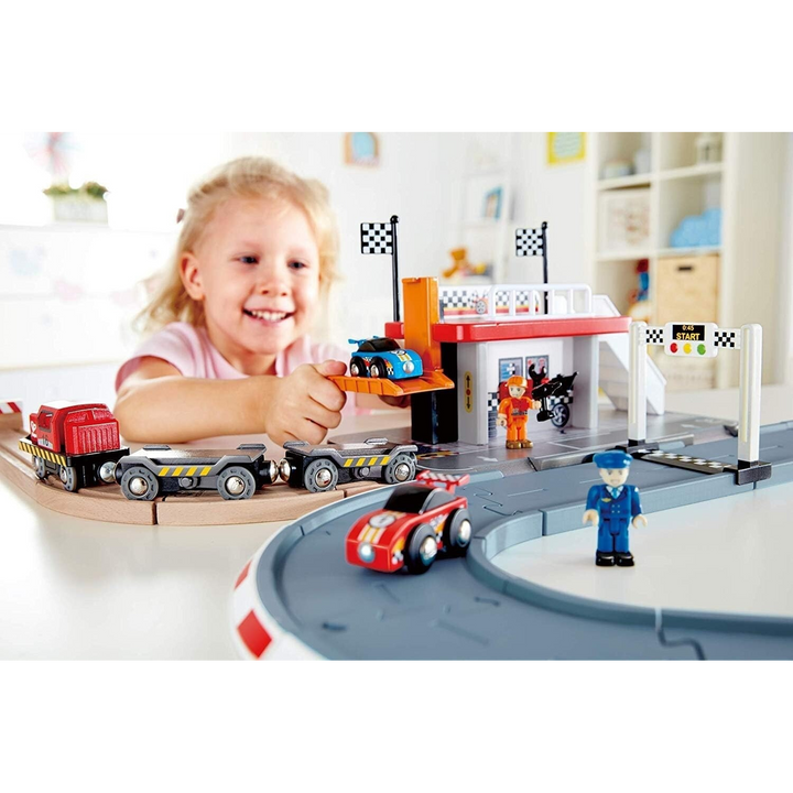 Hape Race Track Railway Train Station With Accessories