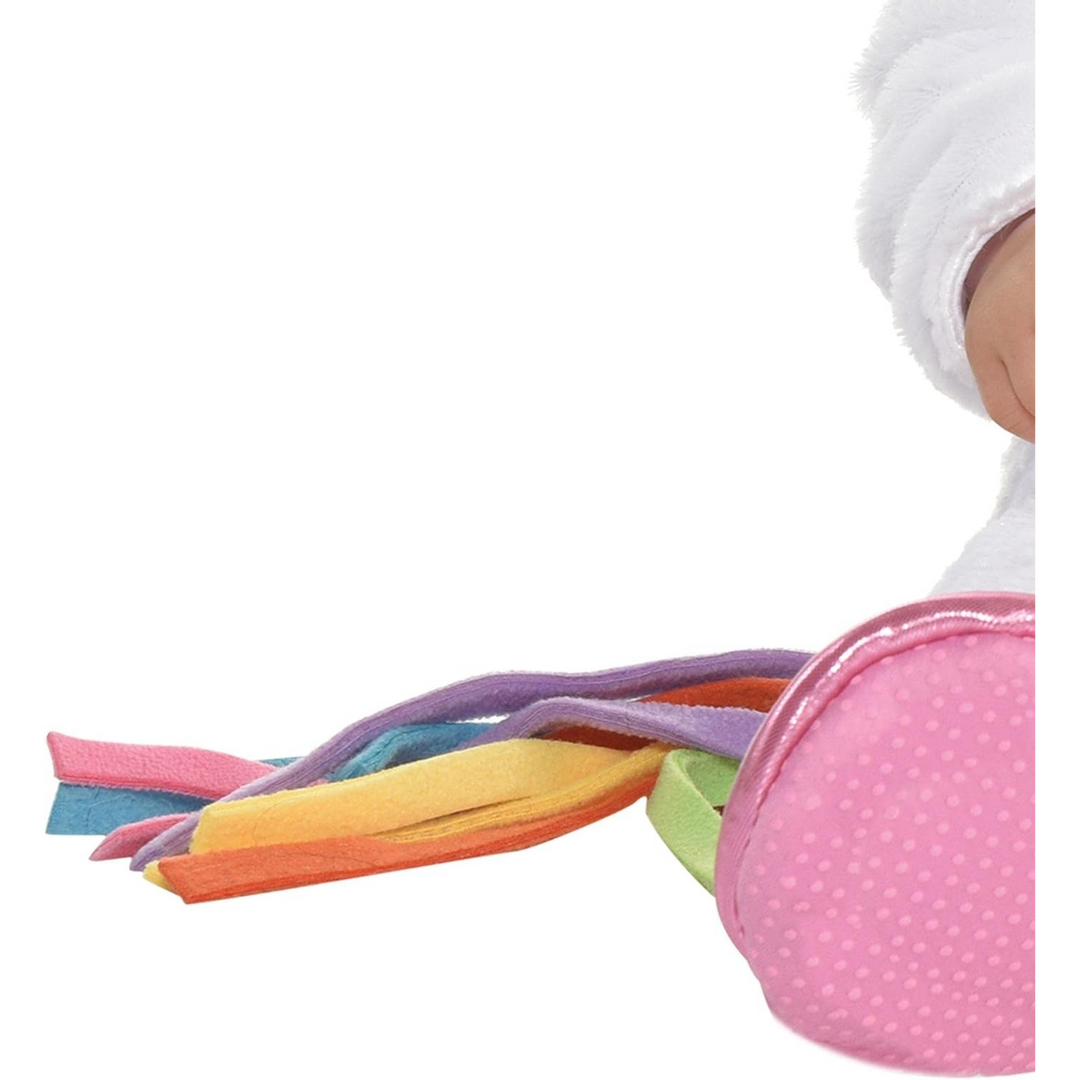 Infant white unicorn costume with horned hood and rainbow tail