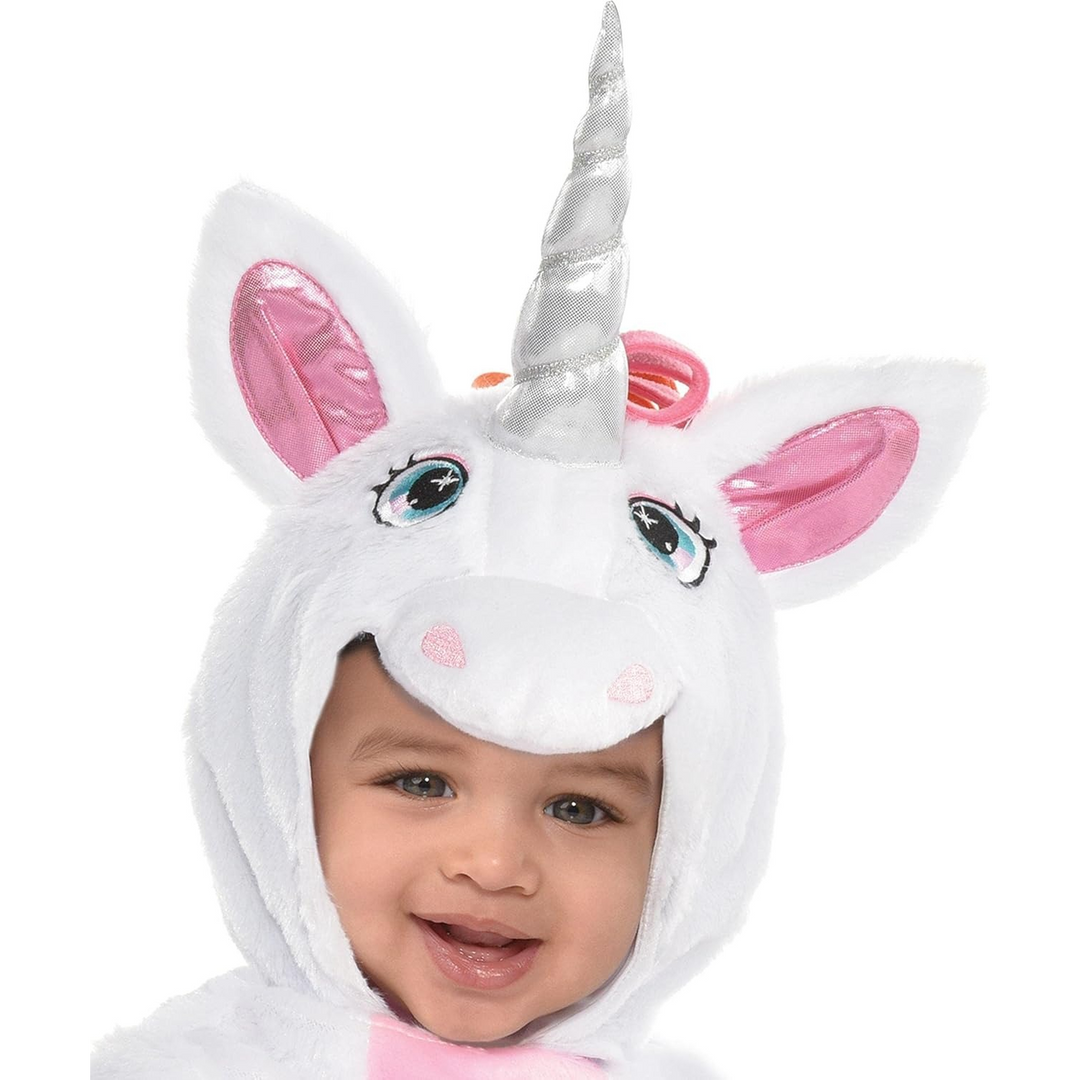 Infant white unicorn costume, 18-24 months, with horned hood and rainbow tail