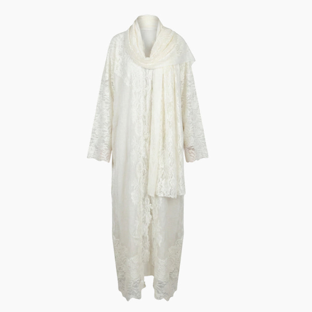 Sanjana And Me Ivory Elegant Lace Open Abaya with Coordinated Scarf