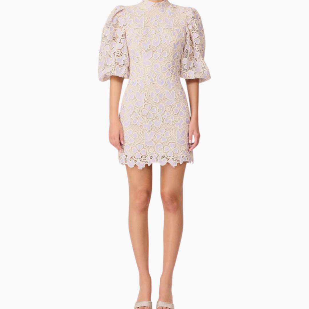 Elliott Jasmine Puff Sleeve Mini Dress in Purple &amp; Beige