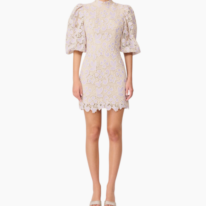 Elliott Jasmine Puff Sleeve Mini Dress in Purple &amp; Beige