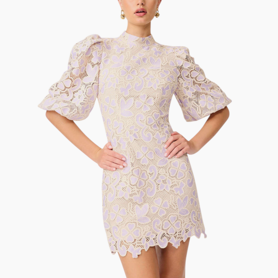 Elliott Jasmine Puff Sleeve Mini Dress in Purple &amp; Beige