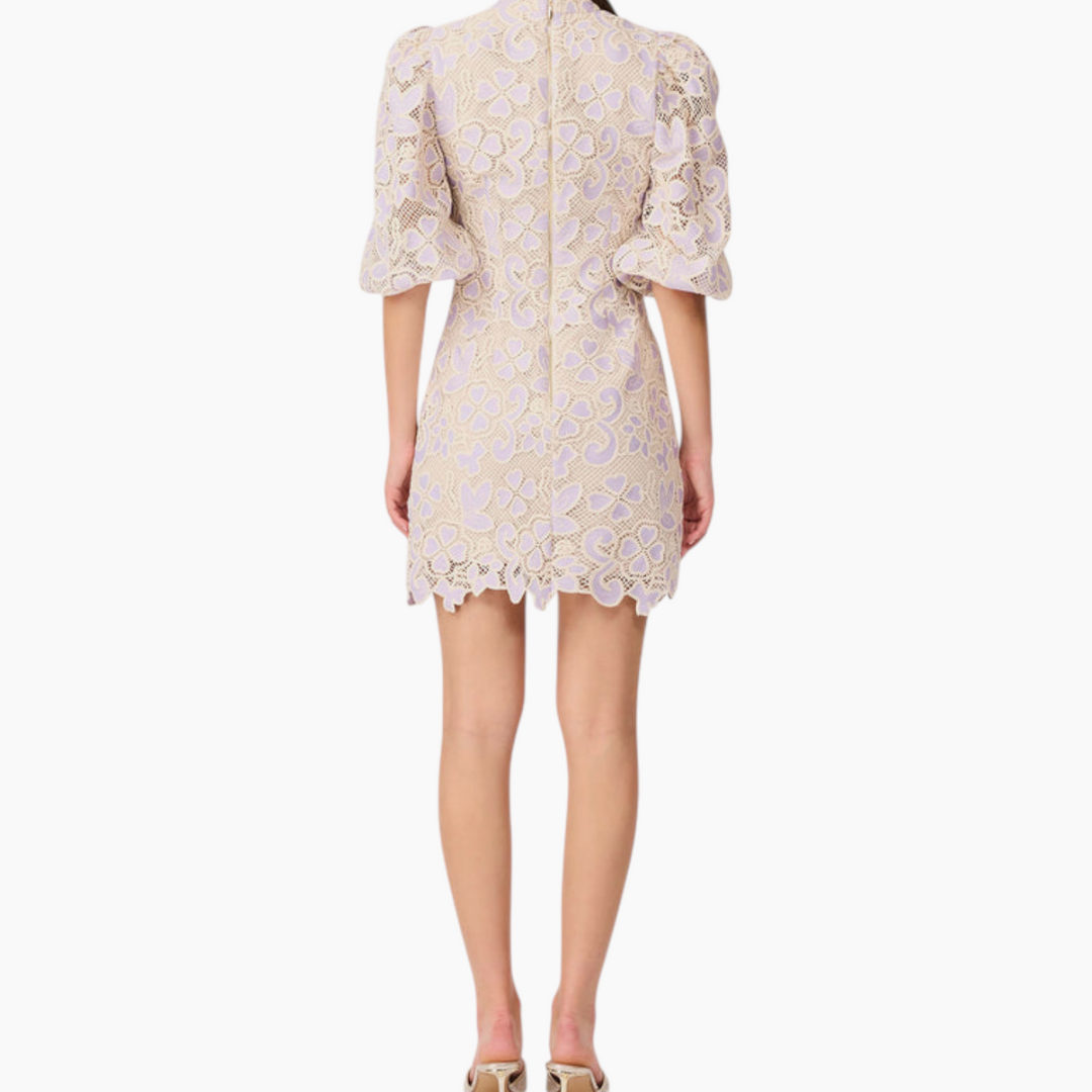 Elliott Jasmine Puff Sleeve Mini Dress in Purple &amp; Beige
