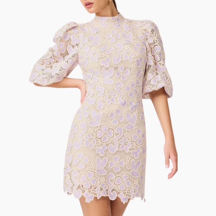 Elliott Jasmine Puff Sleeve Mini Dress in Purple &amp; Beige