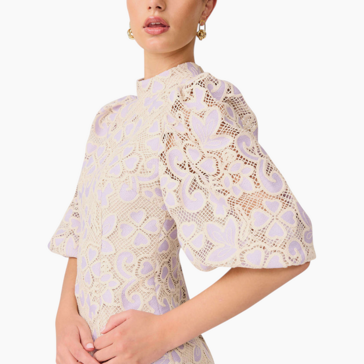 Elliott Jasmine Puff Sleeve Mini Dress in Purple &amp; Beige