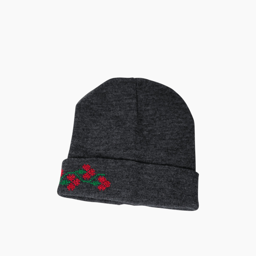 Jouri – Grey Beanie with Floral Tatreez Embroidery