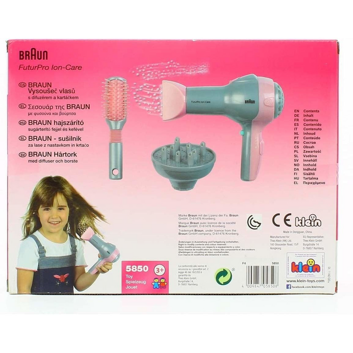 Kelin Braun toy hair dryer set in gray and pink