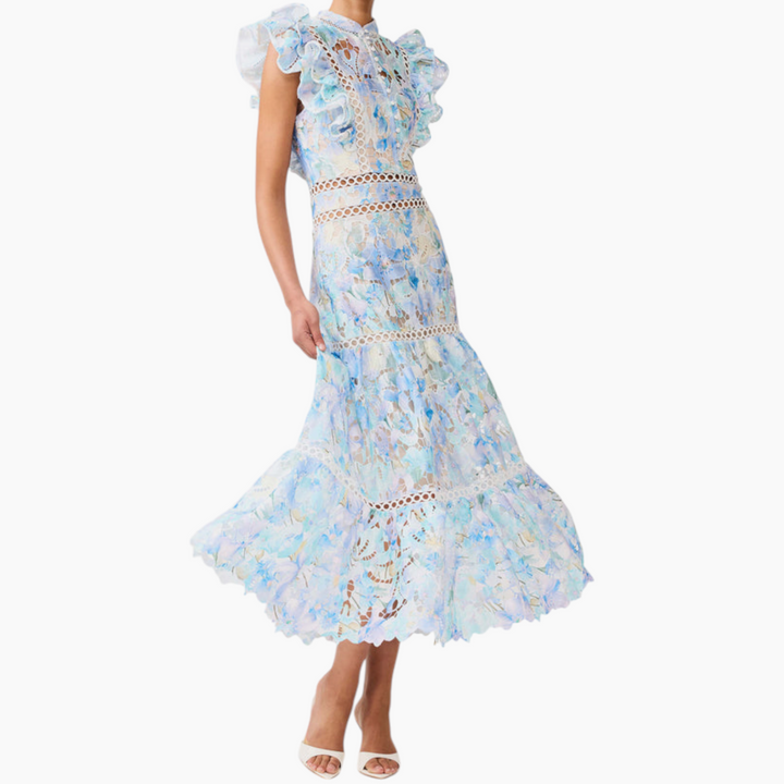 Elliatt Kalissa Ruffle Maxi Dress in Blue Floral