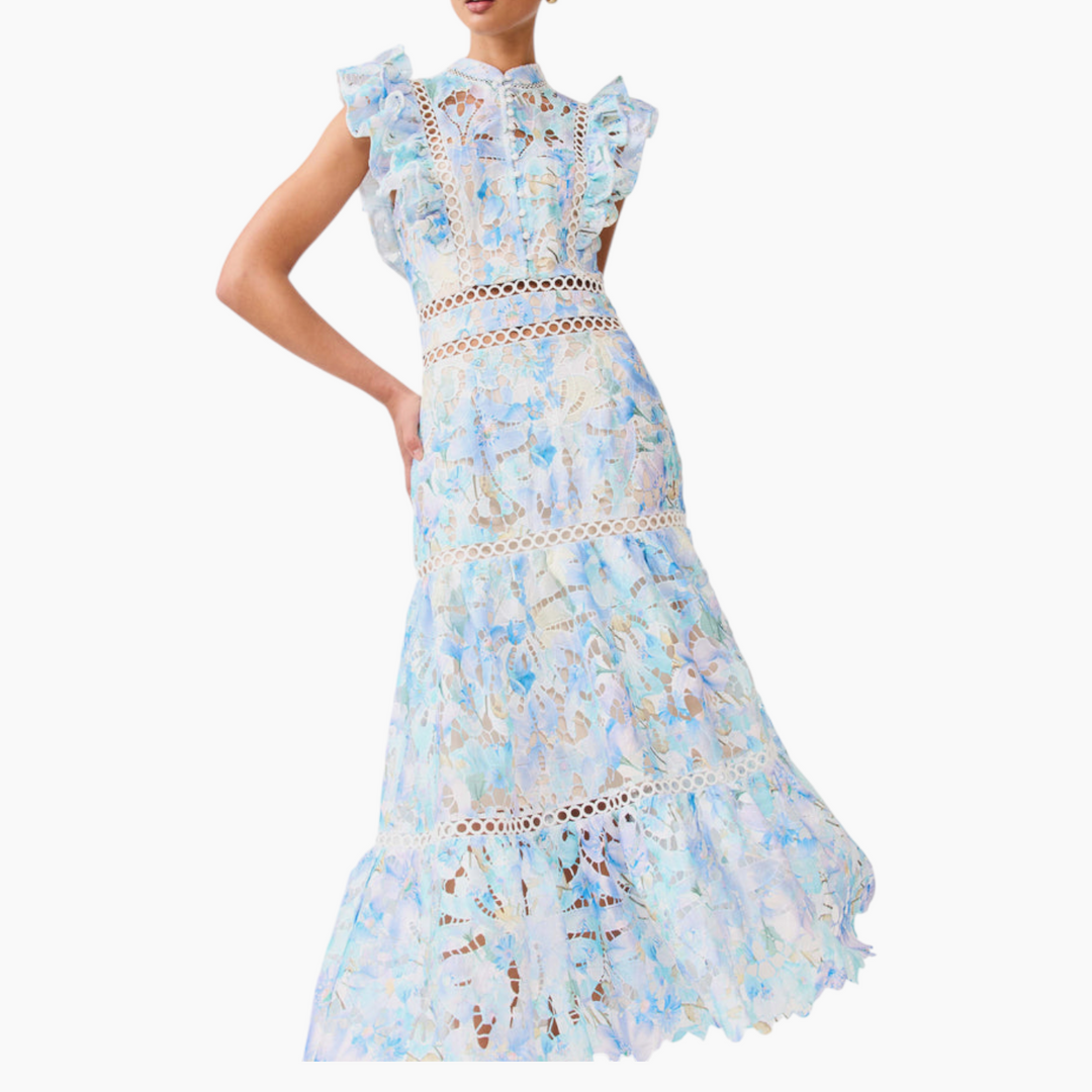 Elliatt Kalissa Ruffle Maxi Dress in Blue Floral