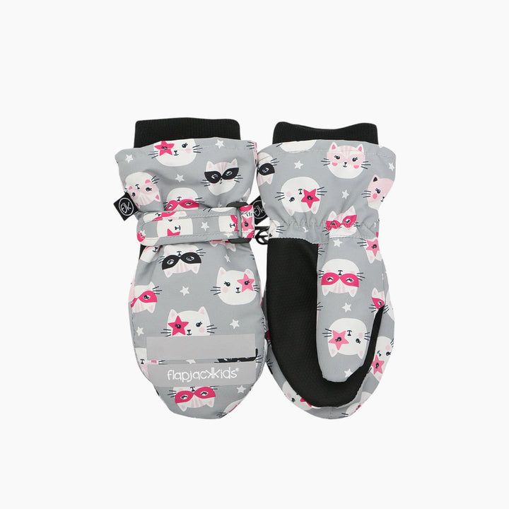 FlapJack Kids ski mittens with cat design for ages 6 months to 2 years.