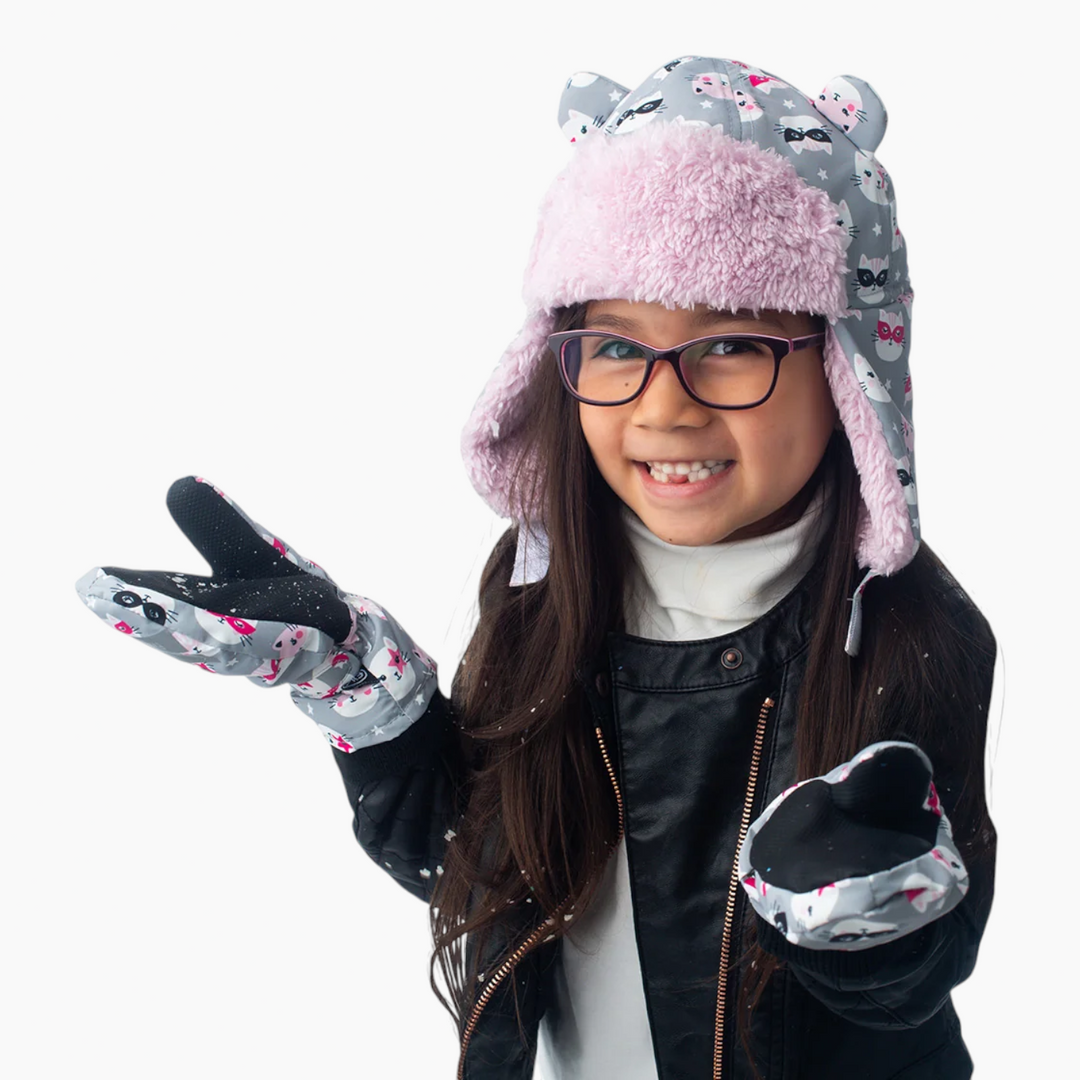 FlapJack Kids ski mittens for ages 2-4y with cat design