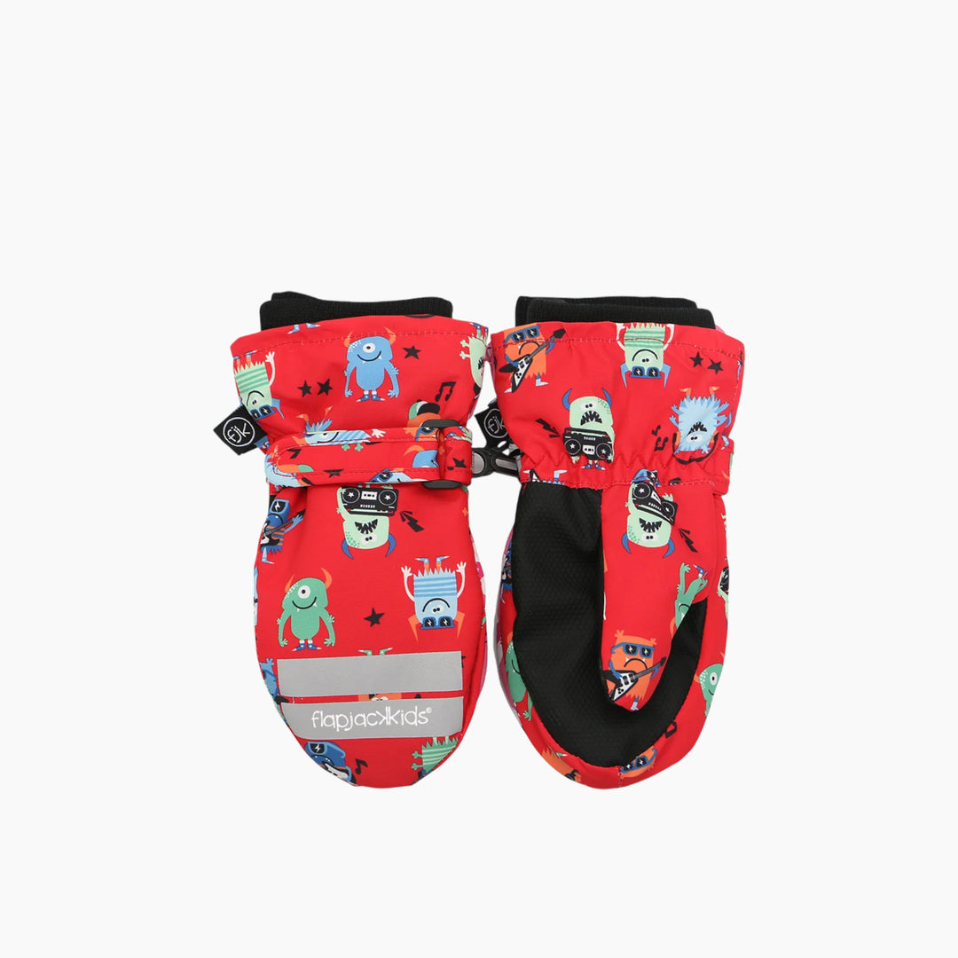 FlapJack Kids blue monster ski mittens with reflective details