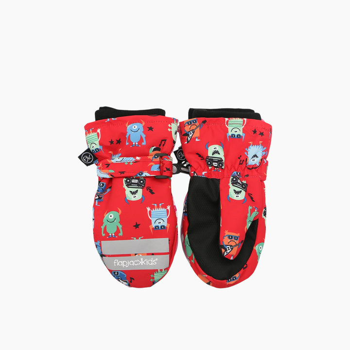 FlapJack Kids blue monster ski mittens with reflective details