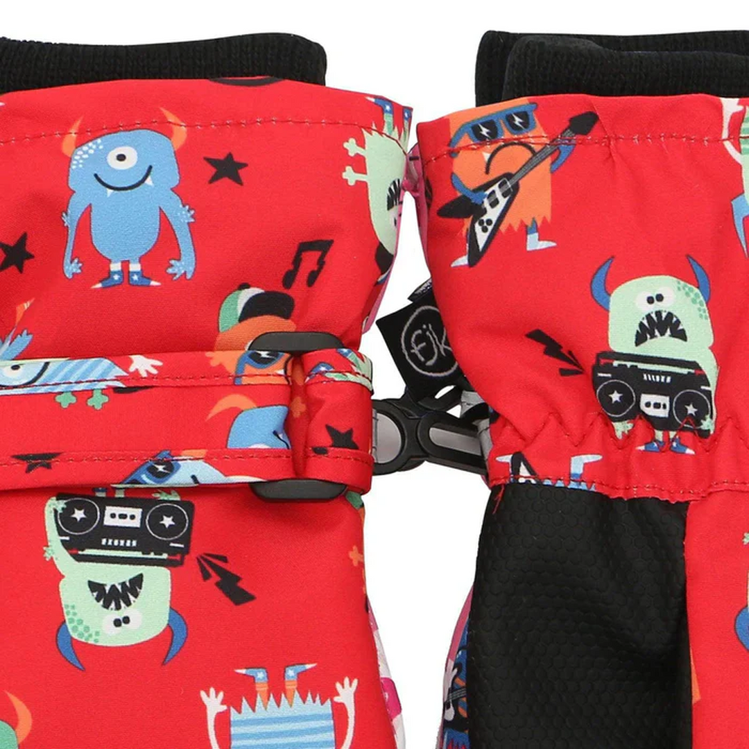 FlapJack Kids ski mittens in red with monster design