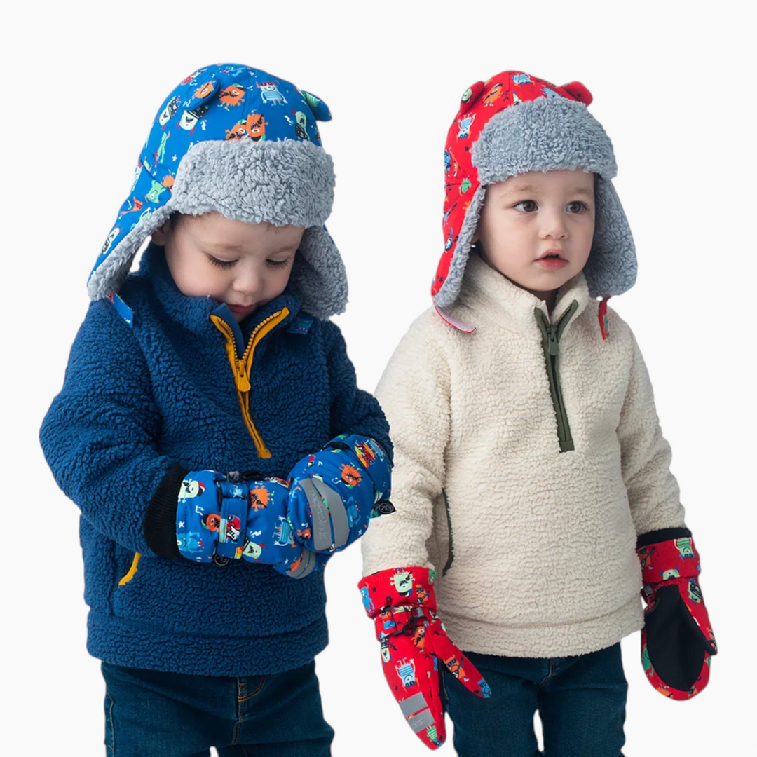 FlapJack Kids ski mittens with monster design