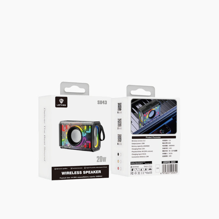 LENYES S843 Bluetooth speaker with transparent design and RGB lighting