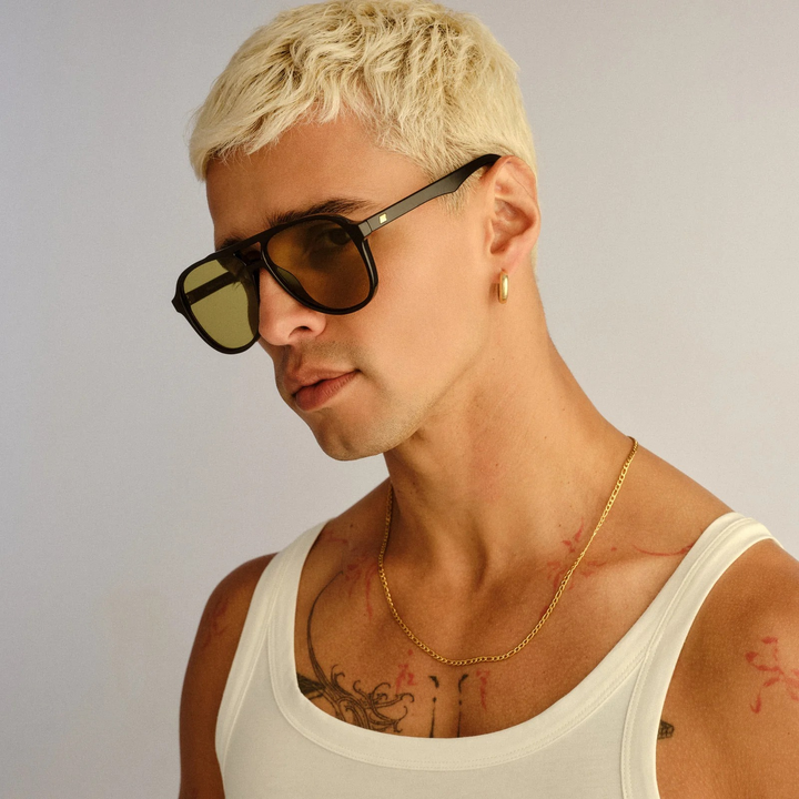 Le Specs Tragic Magic aviator sunglasses with black frame and olive lenses