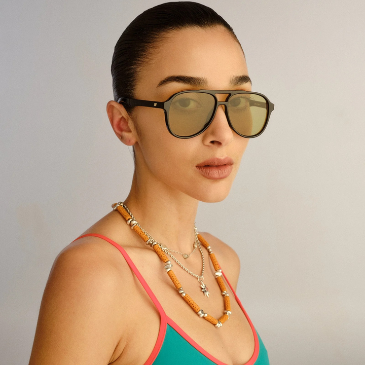 Le Specs Tragic Magic black aviator sunglasses with olive lenses