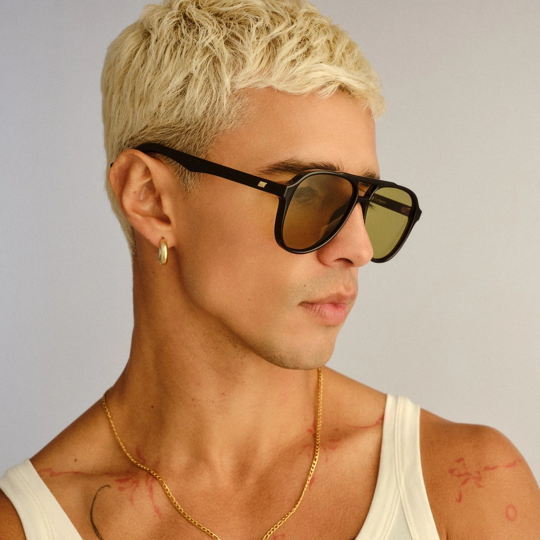 Le Specs Tragic Magic aviator sunglasses with black frame and olive lenses
