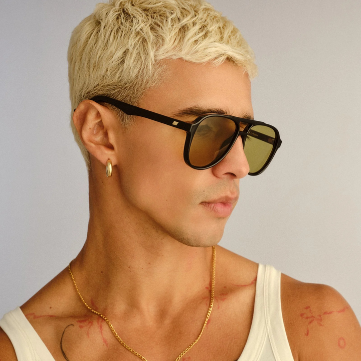 Le Specs Tragic Magic aviator sunglasses with black frame and olive lenses