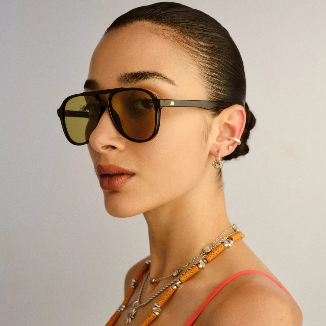 Le Specs Tragic Magic aviator sunglasses in black with olive lenses