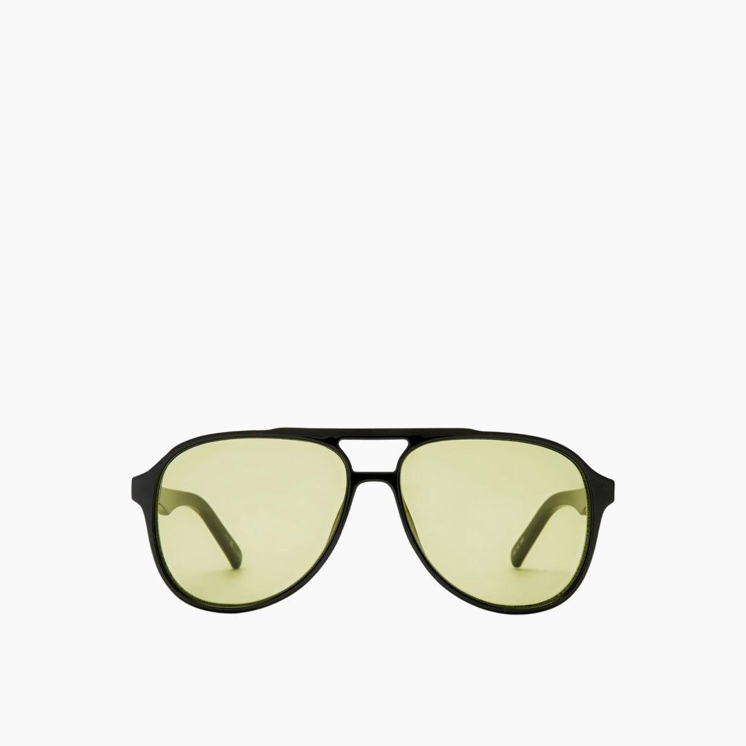 Le Specs Tragic Magic uni-sex aviator sunglasses with black frame and olive lenses.