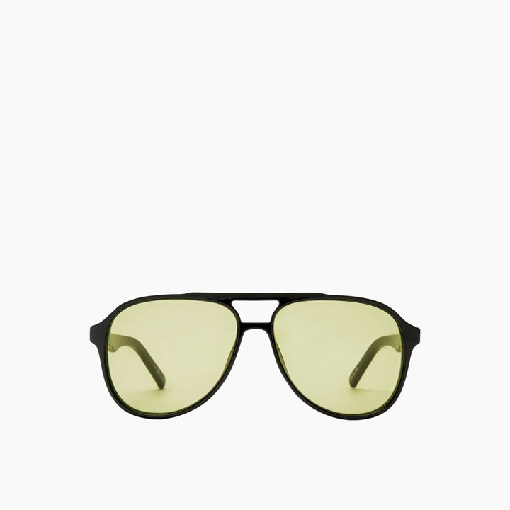Le Specs Tragic Magic uni-sex aviator sunglasses with black frame and olive lenses.