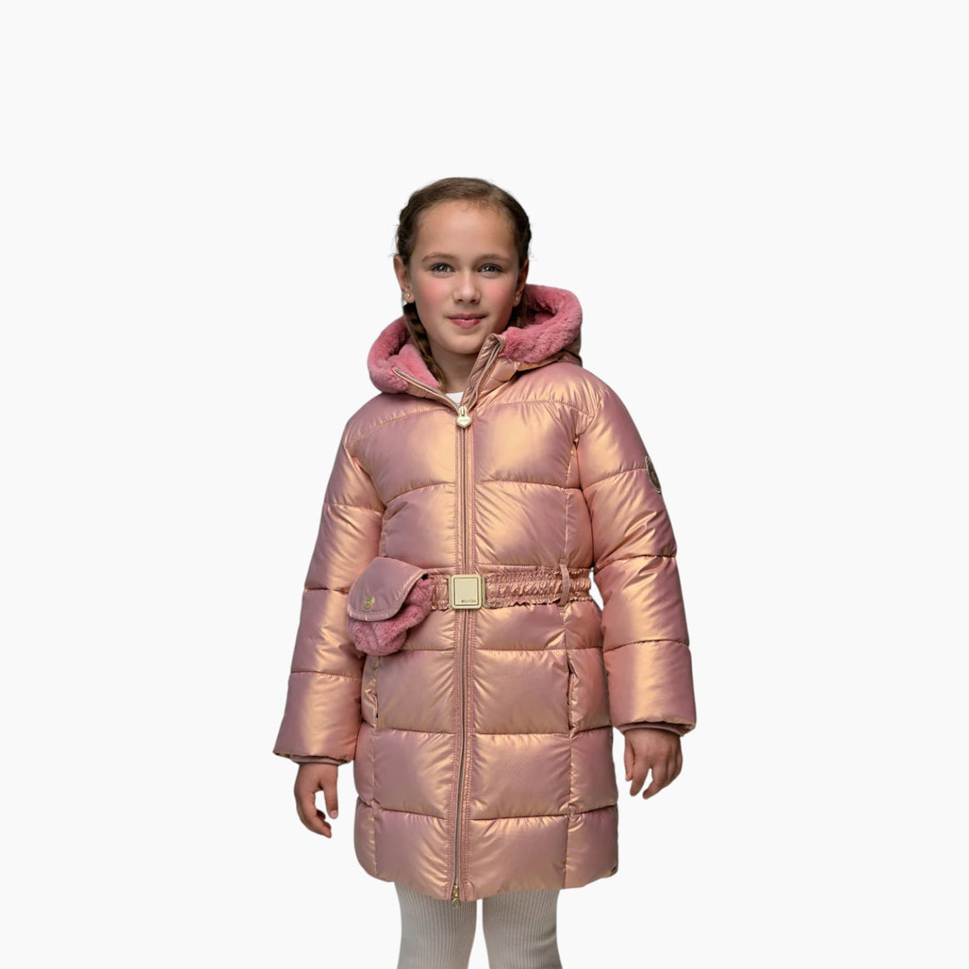Le Chic Girls Pink Puffer Coat with Bag Belt - HUNA