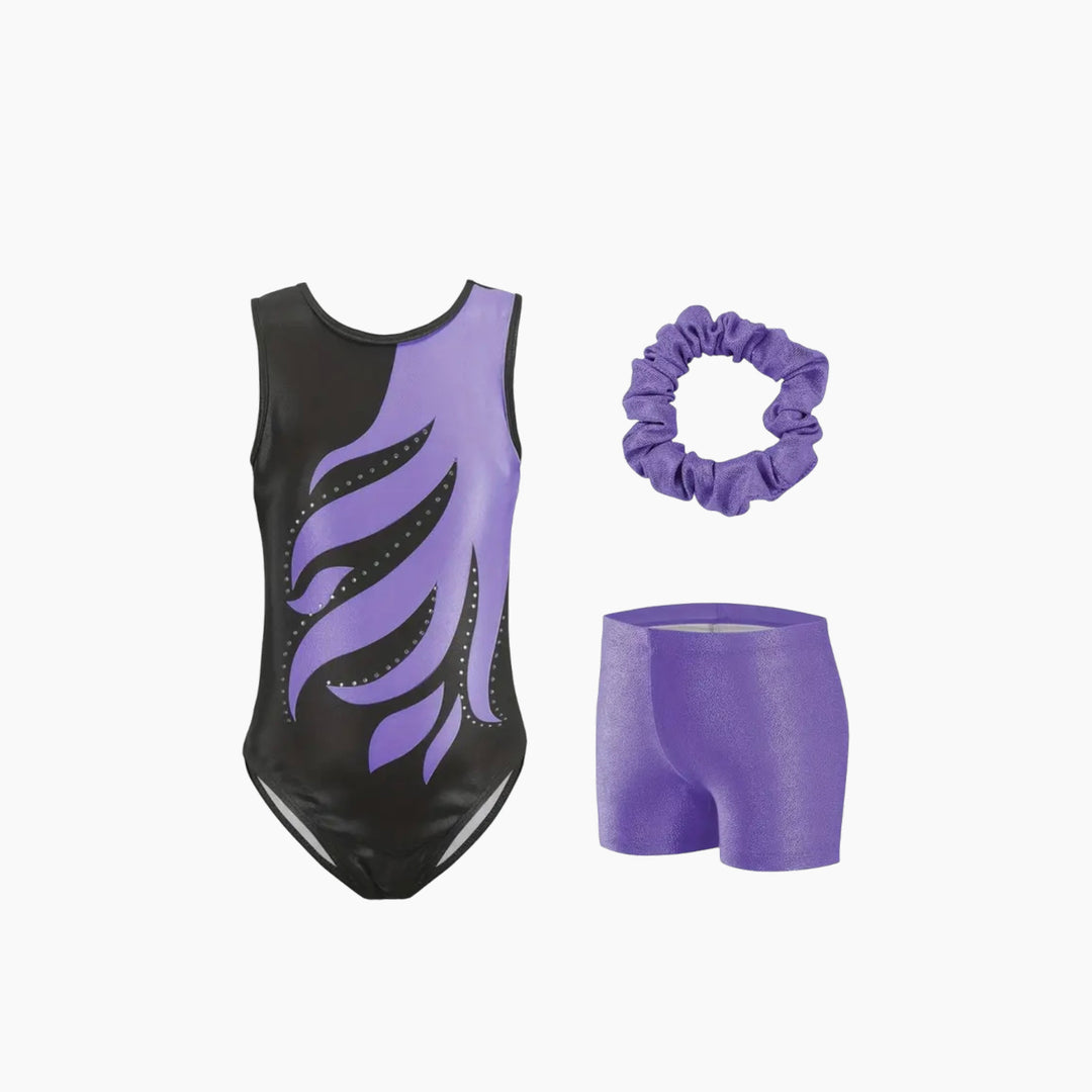 Zeta Flex Leotard black and purple sparkling patterned design
