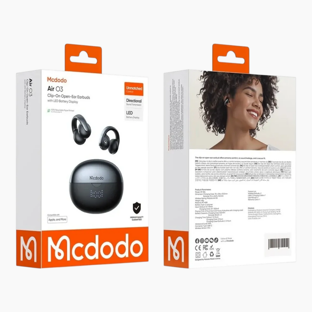 MCDODO Air O3 clip-on open-ear earbuds with LED battery display
