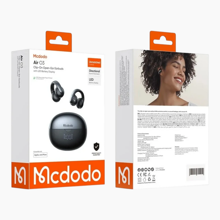 MCDODO Air O3 clip-on open-ear earbuds with LED battery display