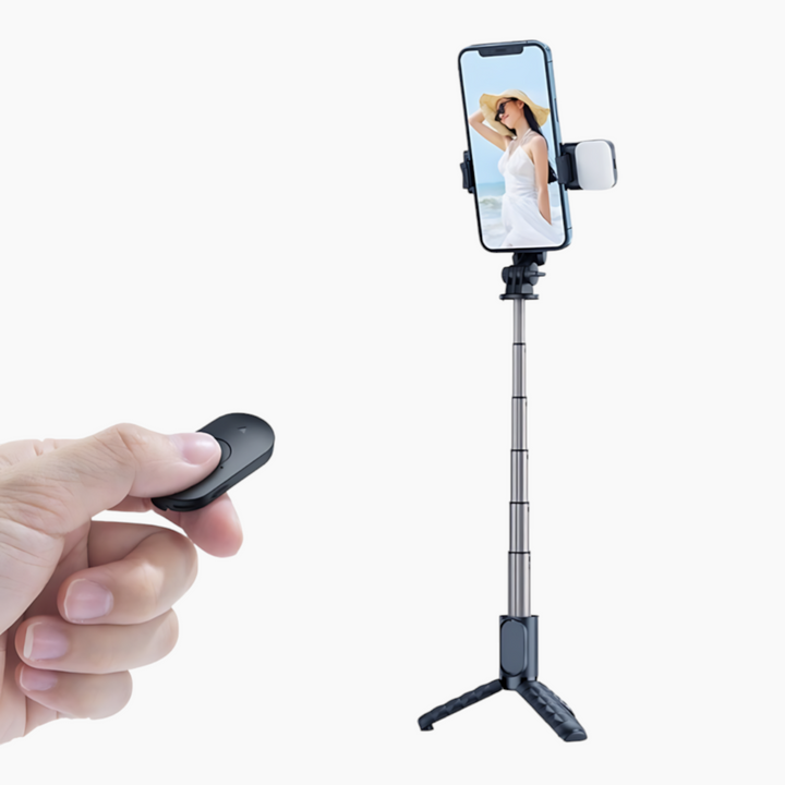 Extendable selfie stick with Bluetooth remote and fill light