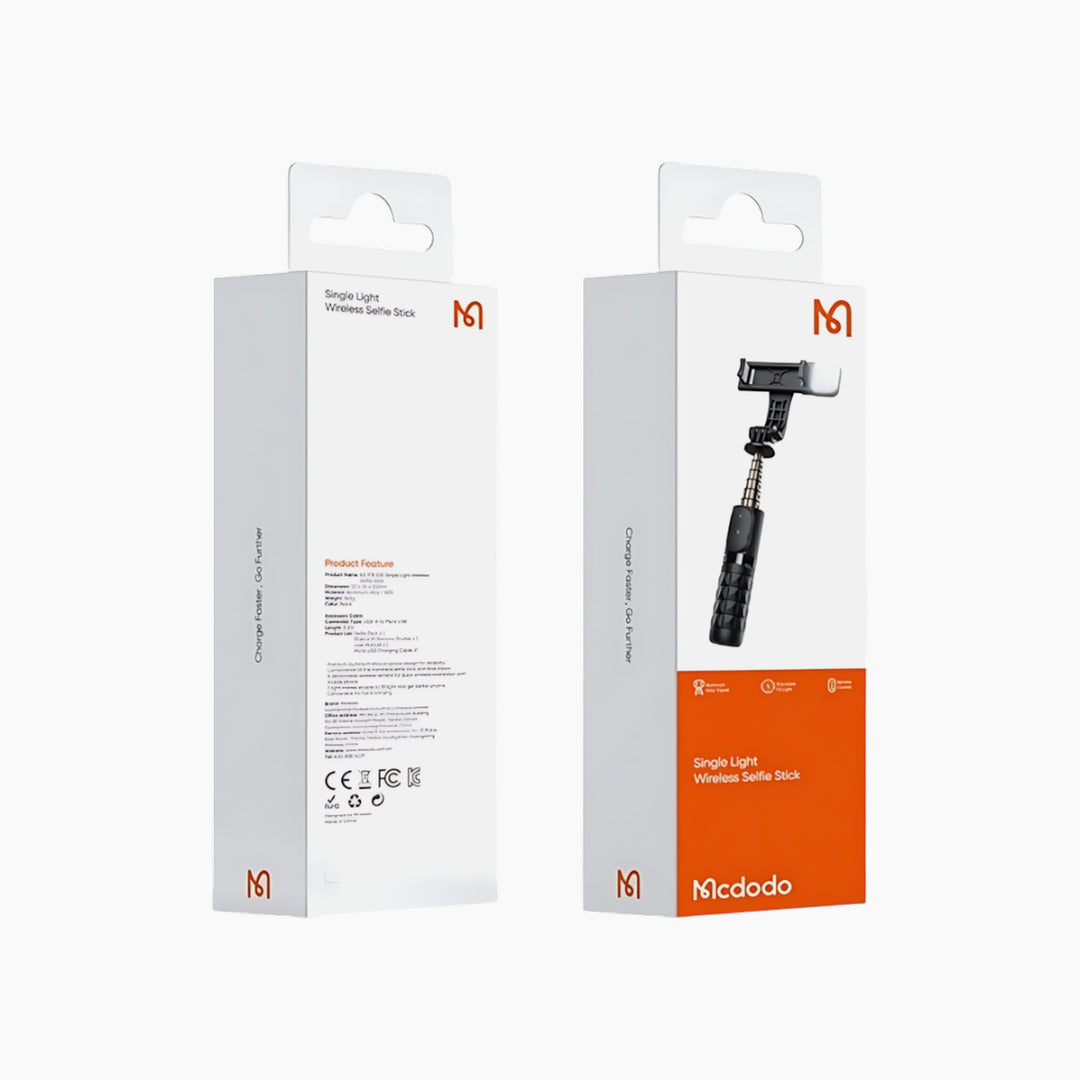 Extendable selfie stick with Bluetooth remote and fill light