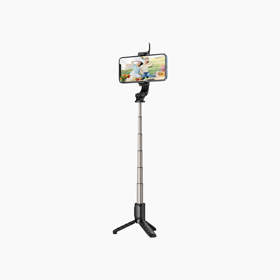 Extendable selfie stick with Bluetooth remote and fill light
