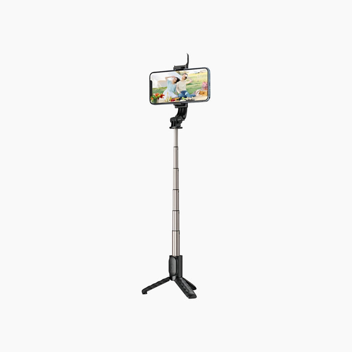 Extendable selfie stick with Bluetooth remote and fill light