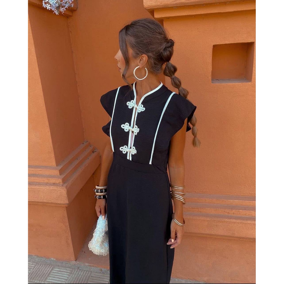 Mandarin Trim Linen Maxi Dress